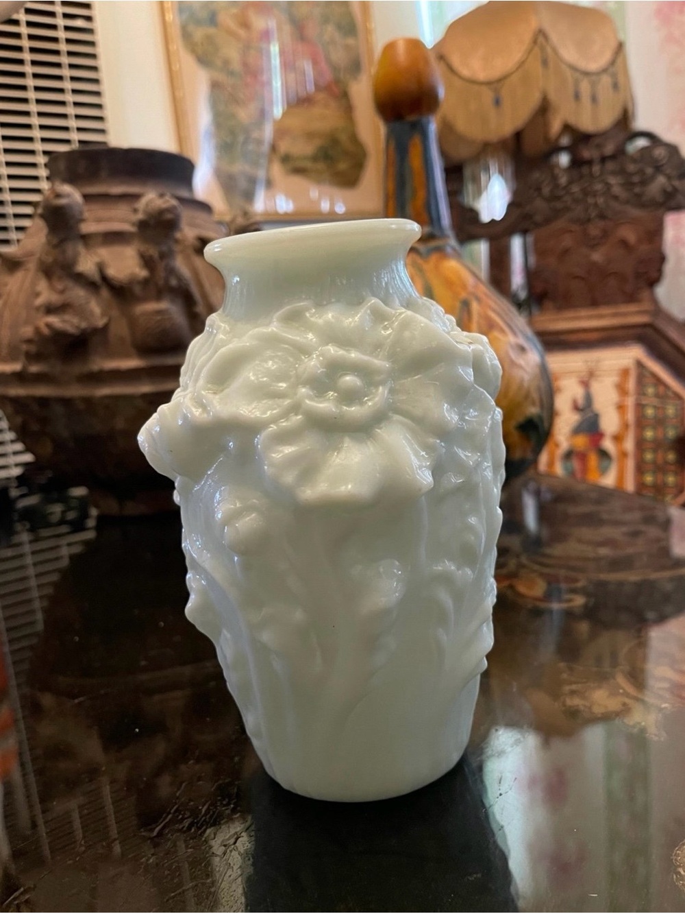 Light Blue Floral Relief Milk Glass Vase Vintage Art Nouveau Antique Shabby Chic